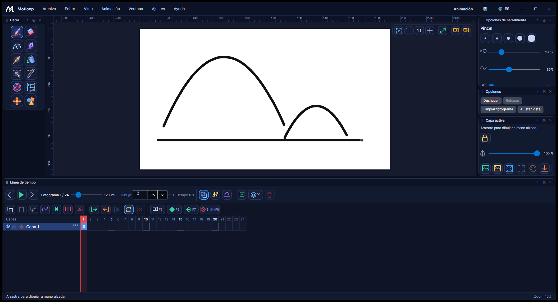 The Motloop window: tools on the left, a canvas with a bouncing-ball arc, brush options on the right and the timeline below.